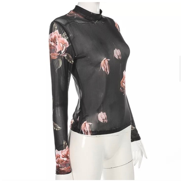 Silky Soft Floral Sheer Mesh Long Sleeve Top Black & Pink - Picture 5 of 12